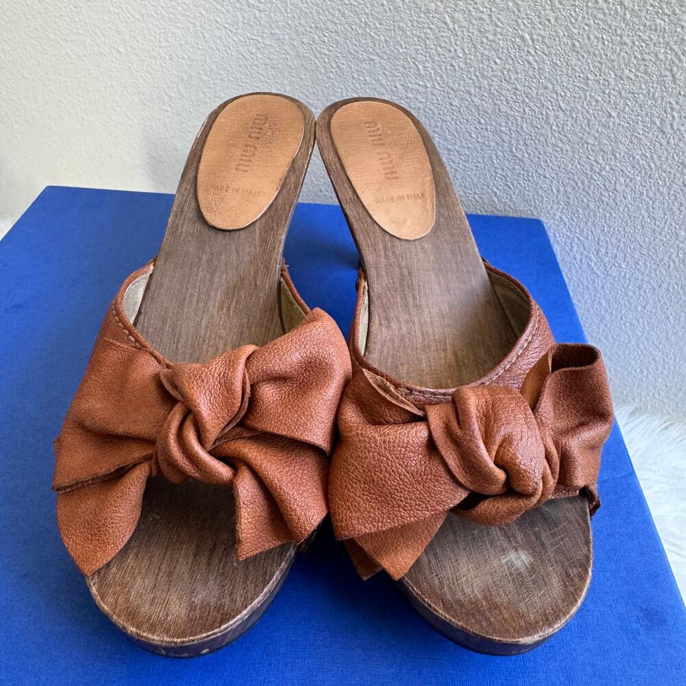 Miu Miu Vintage Brown Leather Knot Bow Wooden Clog Slide Sandals Y2K Size 38.5
